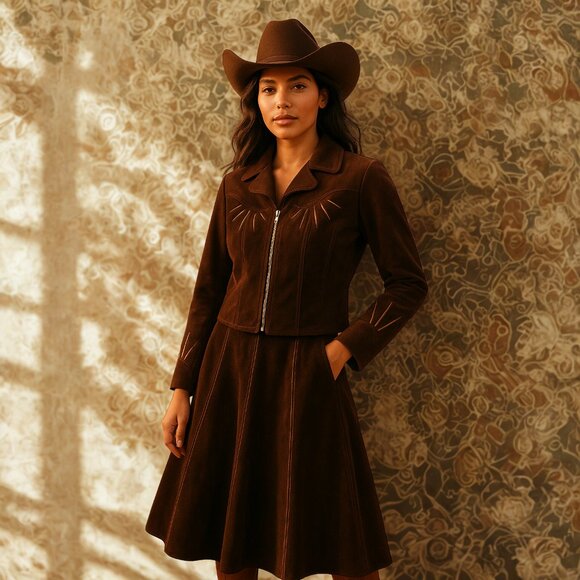 VINTAGE 100% Suede Leather Western Wear Rockabilly Cowboy Skirt Set - Picture 5 of 8